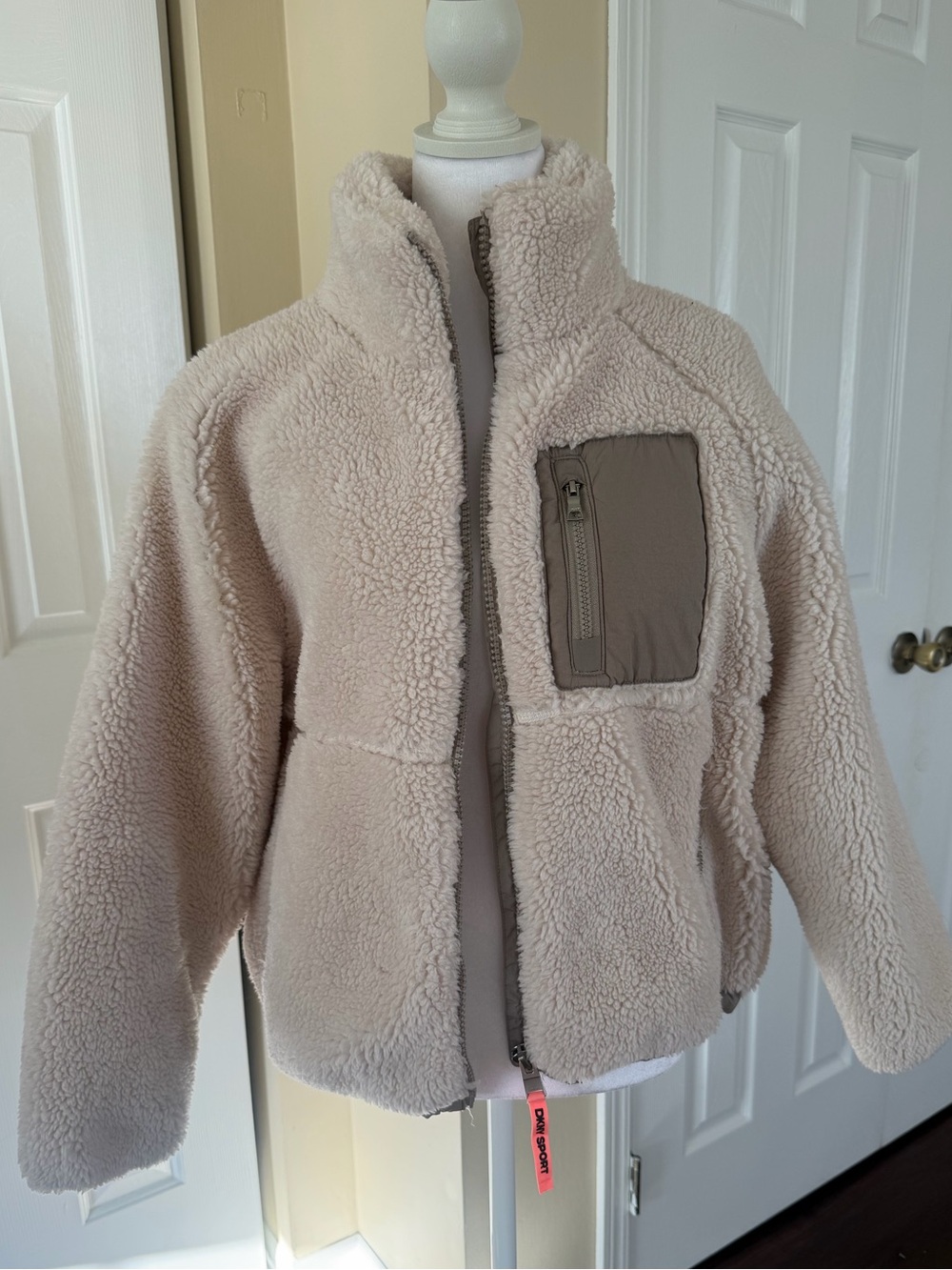 Dkny Cream Sherpa Puffer Jacket with Taupe Chest Pocket